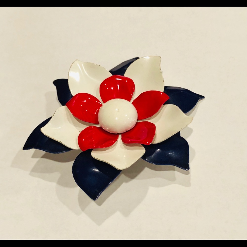 Red White and Blue Flower Enamel Brooch. Circa 1970s